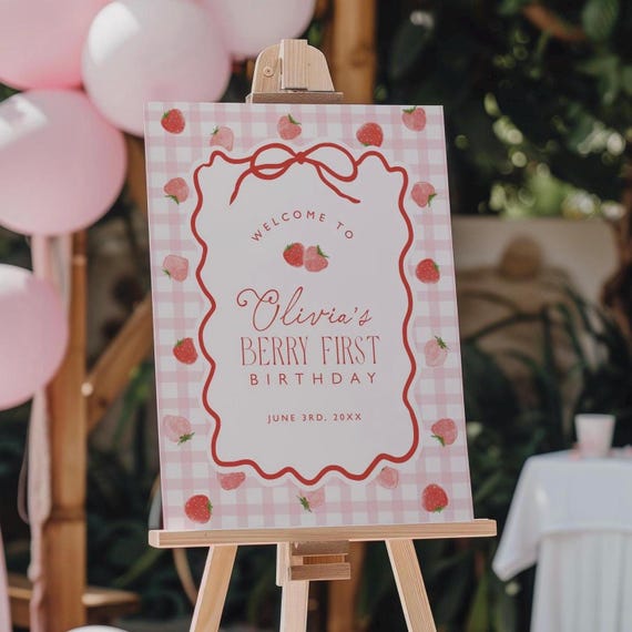 Berry First Birthday Welcome Sign Template Printable Berry Poster Whimsical Bow Strawberry Party Board, 0140