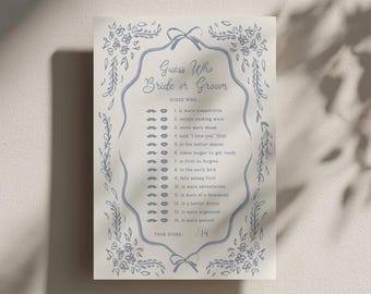 Guess Who Bride or Groom Card Template Blue Floral Bridal Shower Game Hand Drawn Toile Activity Editable Download, 0103