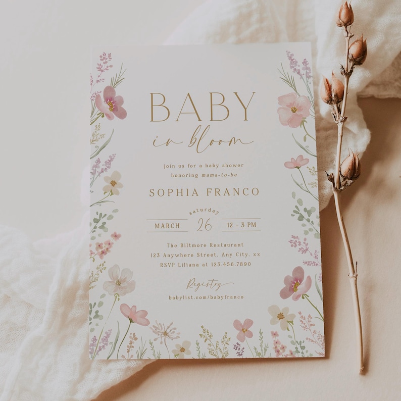 Baby in Bloom Invitation Pink Floral Baby Shower Invitation Template ...