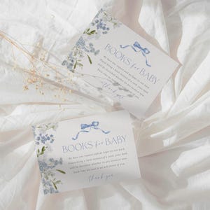 Modelo de cartão de livros para bebê, chá de bebê em flor, convite floral azul para chá de bebê, livros editáveis para bebê para impressão, 0084