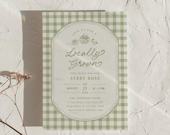 Locally Grown Baby Shower Invitation Template Editable Farmers Market Invite Home Grown Gingham Printable Download, 0142