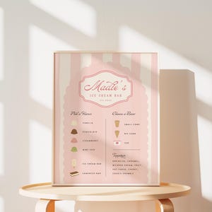 May include: A pink and white striped sign with the text "Maddie's Ice Cream Bar Est. 2023" in a pink script font. The sign lists ice cream flavors: vanilla, chocolate, strawberry, and mint chip. It also lists cone sizes: small cone, big cone, and cup. Toppings include: sprinkles, caramel, whipped cream, fruit, hot fudge, cherry, cookie crumbs.