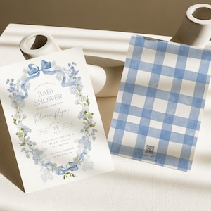 Blauwe strik babyshower uitnodiging bloemen babyshower uitnodiging afdrukbare sjabloon handgetekende blauwe bloemen uitnodigen digitale download, 0084