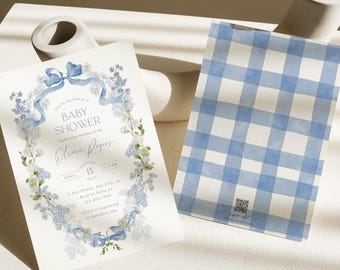 Blue Bow Baby Shower Invitation Floral Baby Shower Invitation Printable Template Hand Drawn Blue Flowers Invite Digital Download, 0084