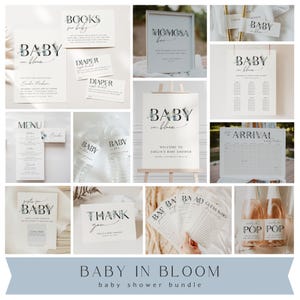 May include: A baby shower bundle with a blue and white color scheme. The bundle includes a welcome sign, a menu, a seating chart, a diaper raffle card, a thank you card, a game card, and a set of water bottle labels. The text on the welcome sign reads "Baby in Bloom".