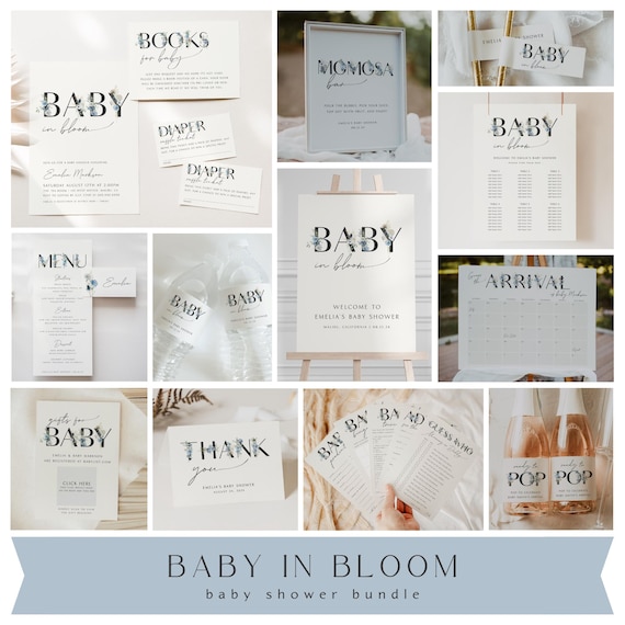 Baby in Bloom Shower Bundle Blue Floral Invitation Template Baby Shower Package Printable Invite Download Minimalist Shower Invite, 0042