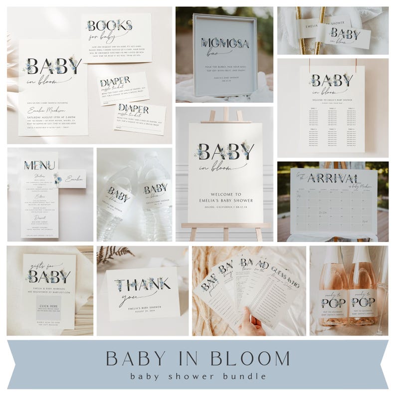 May include: A baby shower bundle with a blue and white color scheme. The bundle includes a welcome sign, a menu, a seating chart, a diaper raffle card, a thank you card, a game card, and a set of water bottle labels. The text on the welcome sign reads "Baby in Bloom".