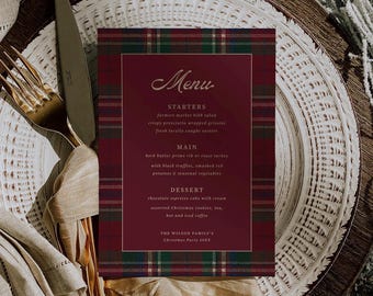 Julmenymall, rödpläd, tartan, högtidsfest, middag, redigerbart kort, utskrivbart, digitalt nedladdning, 0123