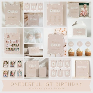 Daisy Birthday Bundle Retro Flower Invite First Birthday Onederful Party Bundle Modern Boho Flower Birthday Printable Template, 0019