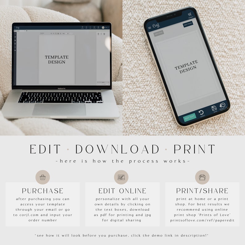 May include: A silver laptop and a smartphone displaying a template design interface. Below, text reads: EDIT DOWNLOAD PRINT. Three sections explain the process: PURCHASE, EDIT ONLINE, and PRINT/SHARE, with instructions for accessing and using the template.