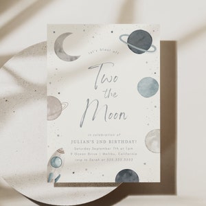 Two the Moon verjaardagsuitnodiging 2e verjaardagsuitnodiging voor feest blauwe planeten ruimte uitnodigen afdrukbare kaartsjabloon digitale download, 0040