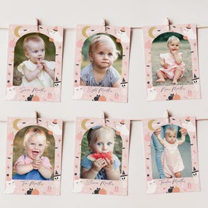 Banner fotográfico de Halloween, letrero, tarjetas, foto espeluznante de un mes, plantilla para el primer cumpleaños de una niña, fiesta de Halloween de Little Boo, editable, imprimible, 0058