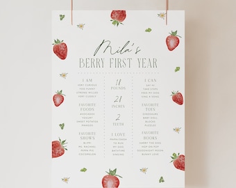 Berry First Birthday Milestone Sign Berry First Year Strawberry Party Printable Strawberry Birthday Decorations Berry Sign Template, 0013