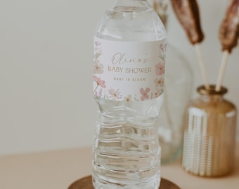 Water Bottle Wrap Baby in Bloom Bottle Label Template Baby Shower Decor Pink Floral Bridal Shower Tag Printable Bottle Sticker Digital, 0085