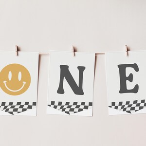 One Happy Dude High Chair Banner Sign Flag Cards DIY Smiley Face Retro Birthday Party Bunting Editable Template Download Printable, 0021