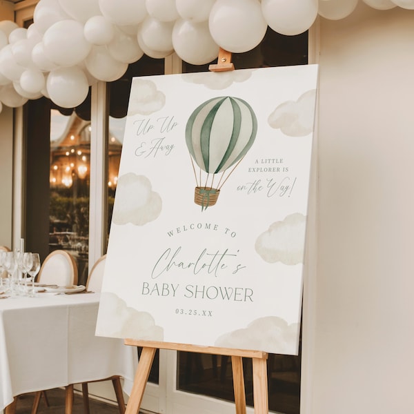Plantilla de letrero de bienvenida con globo aerostático para baby shower. Inscripción para baby shower "Up and Away Shower Green Adventure Awaits" (¡Arriba y a volar!). Letrero editable e imprimible, 0049.