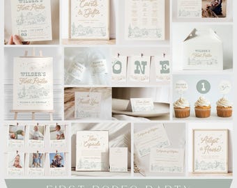 May include: A collection of party stationery for a first birthday, featuring a western theme with desert illustrations, cowboy hats, and the text Wilder's First Rodeo. Includes invitations, signs, favor boxes, cupcake toppers, and photo cards.