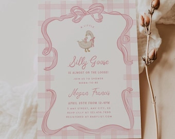 May include: A rectangular baby shower invitation card featuring a light pink and white gingham background. The card displays a pink ribbon border, a central illustration of a goose with a gosling, and text reading A LITTLE SILLY GOOSE IS ALMOST ON THE LOOSE! JOIN US TO SHOWER MAMA-TO-BE MEGAN FRANCIS APRIL 25TH FROM 12-4PM 5 ANY STREET, ANY CITY, XX RSVP LILLY AT 123.456.7890 REGISTERED AT BABYLIST.COM.