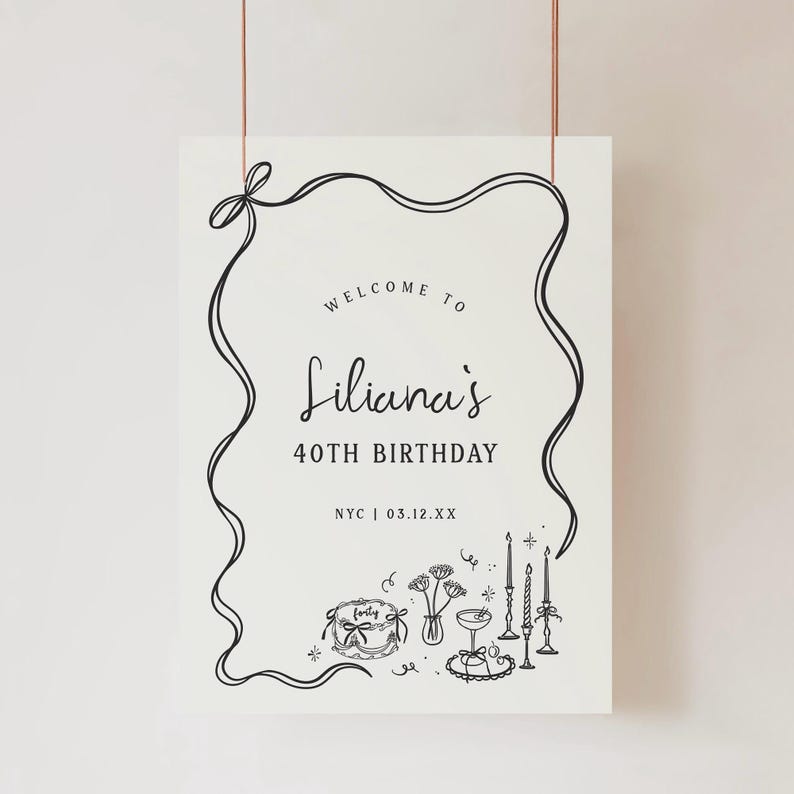 May include: A black and white birthday sign with the text "Welcome to Liliana's 40th Birthday." The sign includes decorative line art of a ribbon, cake, flowers, candles, and a cocktail glass. The location and date are also included.