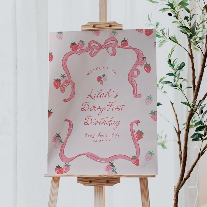 Berry Birthday Welcome Sign Template Printable Berry First Birthday Sign Whimsical Strawberry Birthday Poster Berry Sign Board Party, 0087 image 2