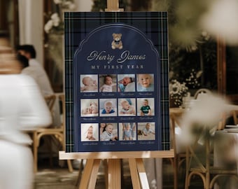 Bear Year Photo Sign Template Beary First Birthday Party Poster Preppy Boy Vintage Plaid Printable Digital Download, 0122