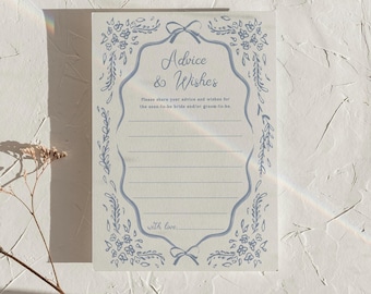 Advice and Wishes Card Template Blue Floral Bridal Shower Advice Card Letters to the Bride Hand Drawn Chinoiserie Editable Download, 0103