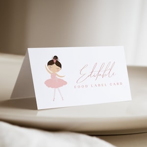 Bewerkbare voedseletiket tentkaart afdrukbare sjabloon, ballerina verjaardag, verjaardagsfeestje benodigdheden, roze ballerina's feest, kleine danseres, 0011