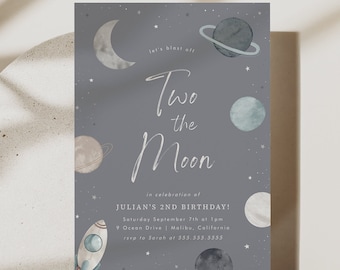 Space Birthday Invitation Blast Off Two the Moon Rocket Ship Outer Space Party Galaxy Editable Digital Download Printable Template, 0020
