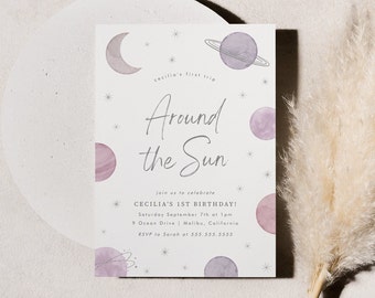 First Trip Around the Sun Birthday Invitation, 1st Birthday Party,  Space Invitation, Outer Space Party, Printable Invitation Template, 0001