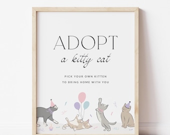 Letrero de adopción de gato, letrero de adopción de gatito, letrero rosa con diseño de pata de gato morado, letrero imprimible para fiesta de cumpleaños, plantilla editable, descarga instantánea, 0069