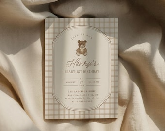 Bear Invitation Beary First Birthday Invite 1st Birthday Party Tan Vintage Gingham Printable Template Digital Download, 0135