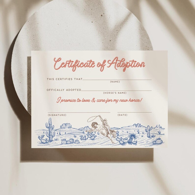Adoption Certificate Card Template Adopt a Horse Cowboy Birthday Rodeo ...
