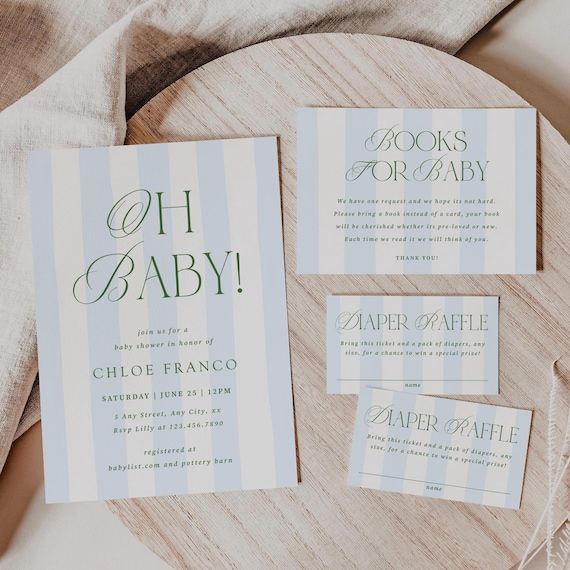 Oh Baby Shower Invitation Suite Vintage Preppy Stripe Invite Template Editable Oh Boy Diaper Raffle Printable Books for Baby Download, 0116
