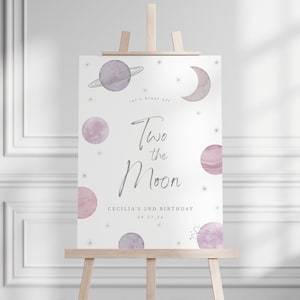 Modelo de placa de boas-vindas de aniversário Two the Moon, placa de espaço de 2º aniversário, pôster de aniversário de menina espacial, modelo de placa de aniversário para impressão, 0001