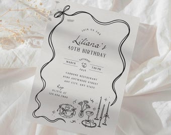 May include: A white rectangular birthday invitation card featuring a black line-drawn wavy border with a bow at the top. The text reads: Join us for Liliana's 40th Birthday, Saturday March 15 2025, 7:30 PM, Carbone Restaurant, 9785 Anywhere Street, Any City, Any State, Rsvp Olivia at 123.456.7890. Below the text are line drawings of a cake, flowers, a cocktail glass, and candles.