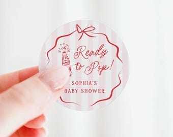 Pegatinas para baby shower "She's Ready to Pop", etiqueta de refresco, plantilla editable, imprimible, etiqueta de cola rosa y roja dibujada a mano, 0115