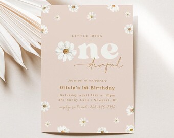 デイジーバースデー招待状 レトロフラワー招待状 1歳の誕生日 素敵なデイジー招待状 モダンボヘミアンフラワーバースデー印刷可能テンプレート、0019