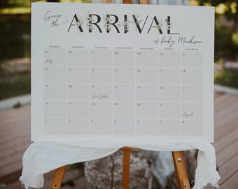 Calendario della data presunta del parto, Indovina la data presunta del parto, Cartello di arrivo del bambino, Bambino in fiore, Baby shower minimalista, Cartello stampabile con modello modificabile, 0008