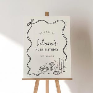 May include: A white sign on a wooden easel with black line art. The sign reads "Welcome to Liliana's 40th Birthday" with the city and date below. The bottom of the sign features illustrations of a cake, flowers, and candles.