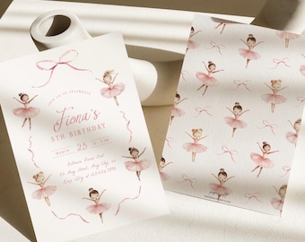 May include: A pink and white invitation card with a watercolor illustration of a ballerina. The text on the card reads "Join us to celebrate Fiona's 5th Birthday, March 25, 2-3 pm, Bitnoe Bass Club, 50 Any Street, Any City, Any City at 1234567890".