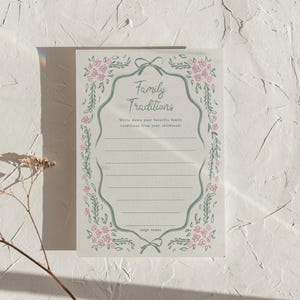 Familjetraditioner Babyshower-spel, rådkortsmall, aktivitet, handritade blommor, redigerbara spel, rosa gröna blommor, utskrivbara, 0112