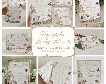 Unicorns and Dragons Baby Shower Bundle Fairytale Baby Sprinkle Invitation Editable Template Printable, 0051