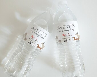 May include: Two clear plastic water bottles featuring white labels with the text AVERY'S 4th Birthday Pawty. The labels are decorated with illustrations of various dog breeds wearing party hats and holding colorful balloons.