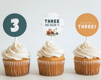 Construction Birthday Party Cupcake Toppers, Diggin' It Toppers, Construction Trucks Party, Construction Template, Edit For Any Age, 0005