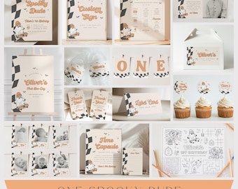 Halloween Birthday Bundle One Spooky Dude First Birthday Invitation Template Skateboard Ghost Party Pack Editable Template Download, 0054
