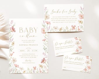 Baby in Bloom Baby Shower Bundle Editable Baby in Bloom Invitation Template Diaper Raffle Ticket Insert Books for Baby Card Printable, 0085
