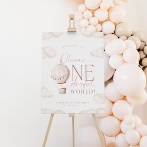 ONEderful World Welcome Sign, 1st Birthday Pink Welcome Board, Baby First Birthday Party, 1st Birthday Hot Air Balloon, DIY Party Sign, 0044