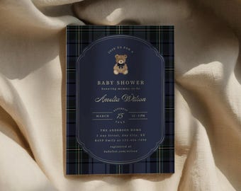 Polo Teddy Bear Baby Shower Invitation Preppy Tartan Plaid Invite Party Vintage Ralph Inspired Printable Template Digital Download, 0122