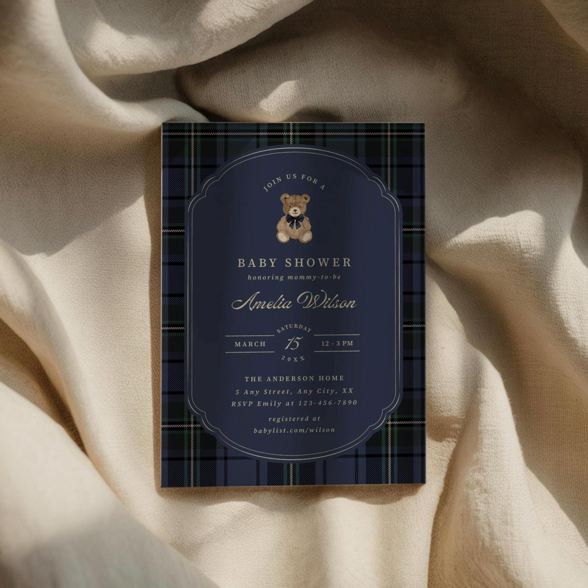 Polo Teddy Bear Baby Shower Invitation Preppy Tartan Plaid Invite Party ...