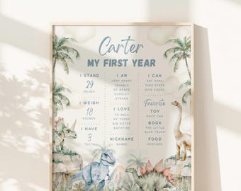 May include: A Carter My First Year milestone poster featuring watercolour illustrations of dinosaurs and palm trees. The text includes stats like 29 inches, 18 pounds, 3 teeth, and lists of favourite things, personality traits, and milestones in blue font.